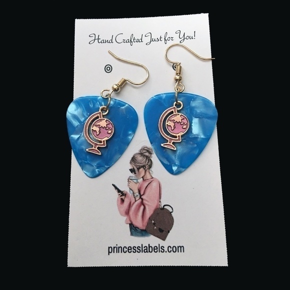 HAND Crafted Drop Earrings Globe on Repurposed Pearlized Guitar Picks - Picture 2 of 6